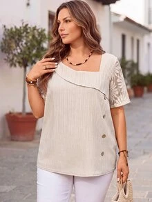 EMERY ROSE Plus Size Women's Summer Elegant Bohemia Beige Lace Patchwork Blouse, Vacation Holiday Asymmetrical Shoulder Button Decor Loose Fit Solid Boho Tops - Apricot - View 1