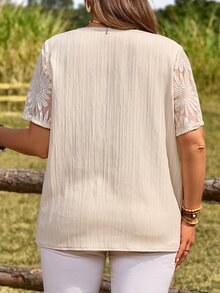 EMERY ROSE Plus Size Women's Summer Elegant Bohemia Beige Lace Patchwork Blouse, Vacation Holiday Asymmetrical Shoulder Button Decor Loose Fit Solid Boho Tops - Apricot - View 2