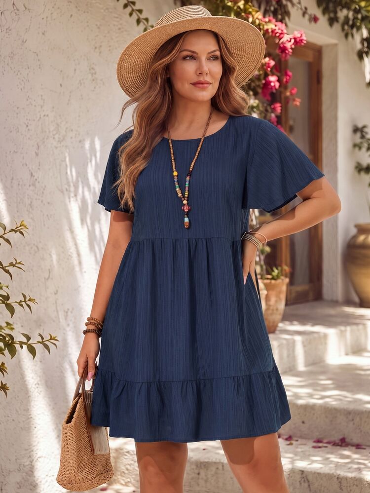 EMERY ROSE Plus Size Vacation Casual Solid Color Short Sleeve Dress, Summer Outfits For Women, Easter Bohemia, Rave Outfit Curve, Country Concert Outfit,Spring - Navy Blue - View 4