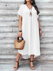 EMERY ROSE Vestido informal estilo midi de mujer talla grande con cuello en V y mangas de murciélago en unicolor - Blanco - Ver 4