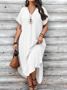 EMERY ROSE Vestido informal estilo midi de mujer talla grande con cuello en V y mangas de murciélago en unicolor - Blanco - Ver 6