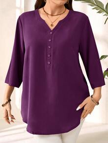 EMERY ROSE Plus Size Women's Purple Red 3/4 Sleeve Blouse, Early Spring/Fall/Winter - Purple - View 6