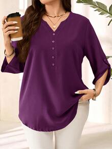 EMERY ROSE Plus Size Women's Purple Red 3/4 Sleeve Blouse, Early Spring/Fall/Winter - Purple - View 3