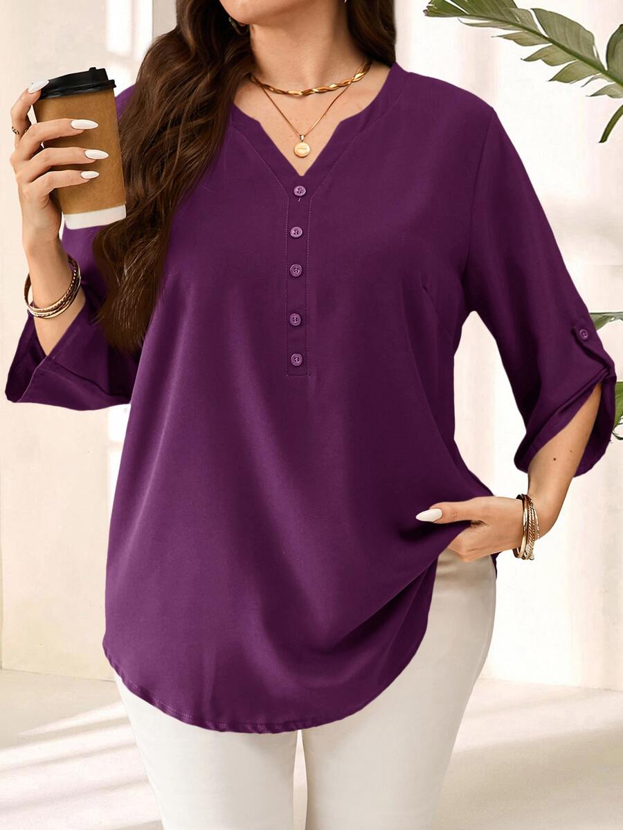 EMERY ROSE Blusa de manga 3/4 morada y roja talla grande, primavera temprana - Morado - Ver 1