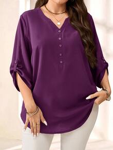 EMERY ROSE Plus Size Women's Purple Red 3/4 Sleeve Blouse, Early Spring/Fall/Winter - Purple - View 5