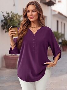 EMERY ROSE Plus Size Women's Purple Red 3/4 Sleeve Blouse, Early Spring/Fall/Winter - Purple - View 1