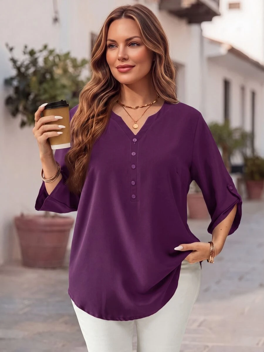 EMERY ROSE Plus Size Women's Purple Red 3/4 Sleeve Blouse, Early Spring/Fall/Winter - Purple - View 1