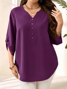 EMERY ROSE Plus Size Women's Purple Red 3/4 Sleeve Blouse, Early Spring/Fall/Winter - Purple - View 7