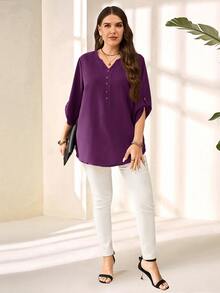 EMERY ROSE Plus Size Women's Purple Red 3/4 Sleeve Blouse, Early Spring/Fall/Winter - Purple - View 4