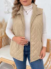 EMERY ROSE Plus Size Women's Solid Color Zipper Front Pocket Thermal Lined Sleeveless Winter Jacket Puffer Quilted Vest,Autumn,Casual,Hiking Outerwear Jackets - Apricot - View 6