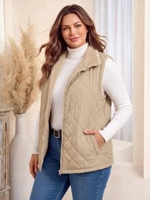 EMERY ROSE Plus Size Women's Solid Color Zipper Front Pocket Thermal Lined Sleeveless Winter Jacket Puffer Quilted Vest,Autumn,Casual,Hiking Outerwear Jackets - Apricot - View 1