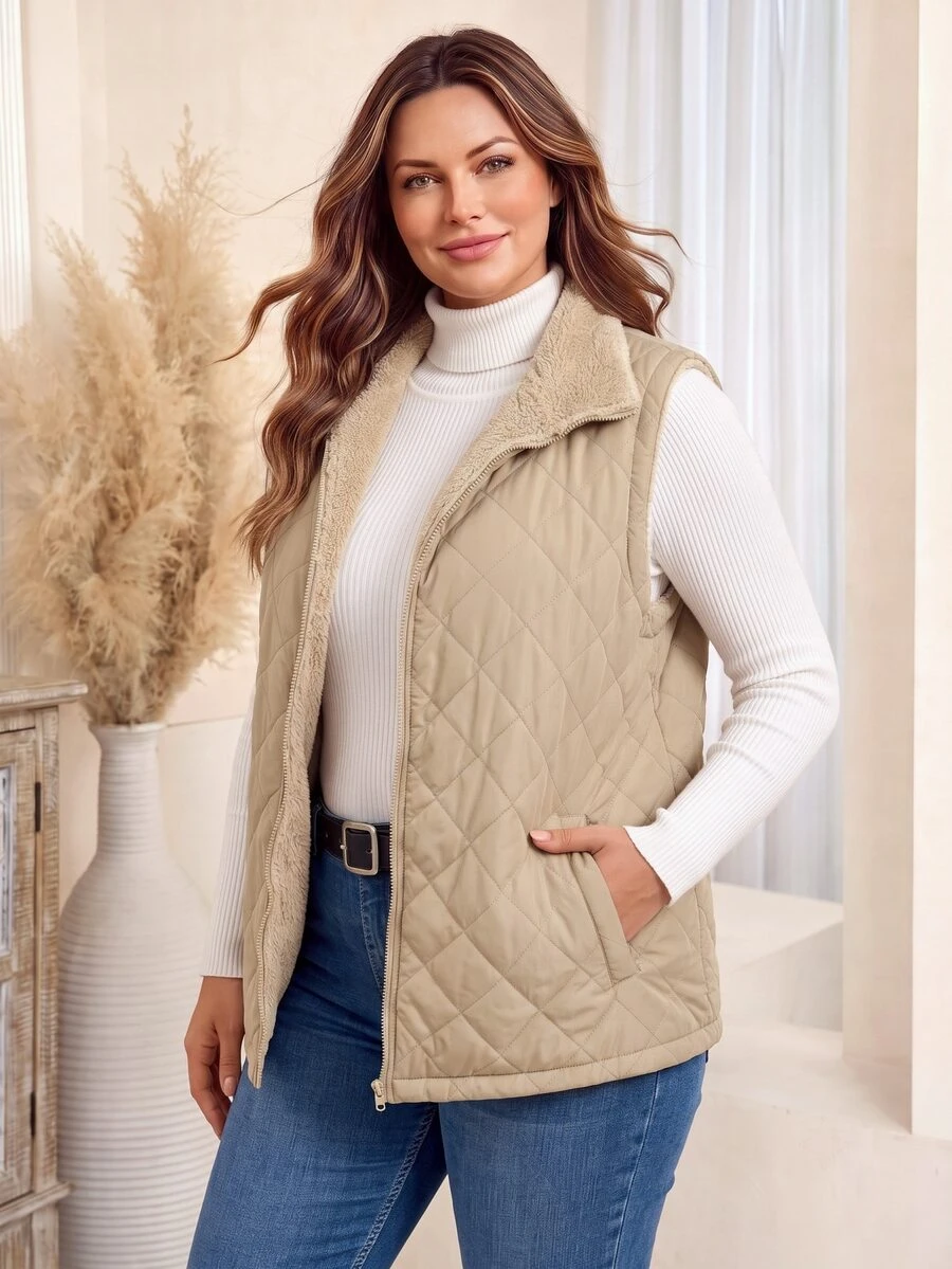 EMERY ROSE Plus Size Women's Solid Color Zipper Front Pocket Thermal Lined Sleeveless Winter Jacket Puffer Quilted Vest,Autumn,Casual,Hiking Outerwear Jackets - Apricot - View 1