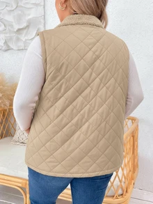 EMERY ROSE Plus Size Women's Solid Color Zipper Front Pocket Thermal Lined Sleeveless Winter Jacket Puffer Quilted Vest,Autumn,Casual,Hiking Outerwear Jackets - Apricot - View 2