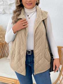 EMERY ROSE Plus Size Women's Solid Color Zipper Front Pocket Thermal Lined Sleeveless Winter Jacket Puffer Quilted Vest,Autumn,Casual,Hiking Outerwear Jackets - Apricot - View 7
