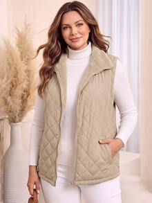 EMERY ROSE Plus Size Women's Solid Color Zipper Front Pocket Thermal Lined Sleeveless Winter Jacket Puffer Quilted Vest,Autumn,Casual,Hiking Outerwear Jackets - Apricot - View 3