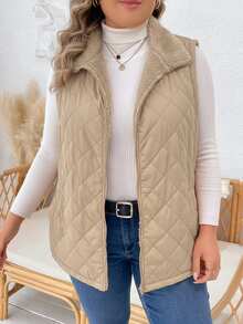 EMERY ROSE Plus Size Women's Solid Color Zipper Front Pocket Thermal Lined Sleeveless Winter Jacket Puffer Quilted Vest,Autumn,Casual,Hiking Outerwear Jackets - Apricot - View 5