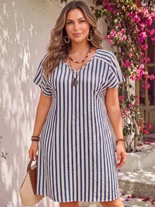 EMERY ROSE Plus Size Women's Summer Blue And White Striped V-Neck Short Sleeve Loose Dress,Boho Vacation Holiday Outfits,Flowy Country Beach Western Style - Blue - View 1