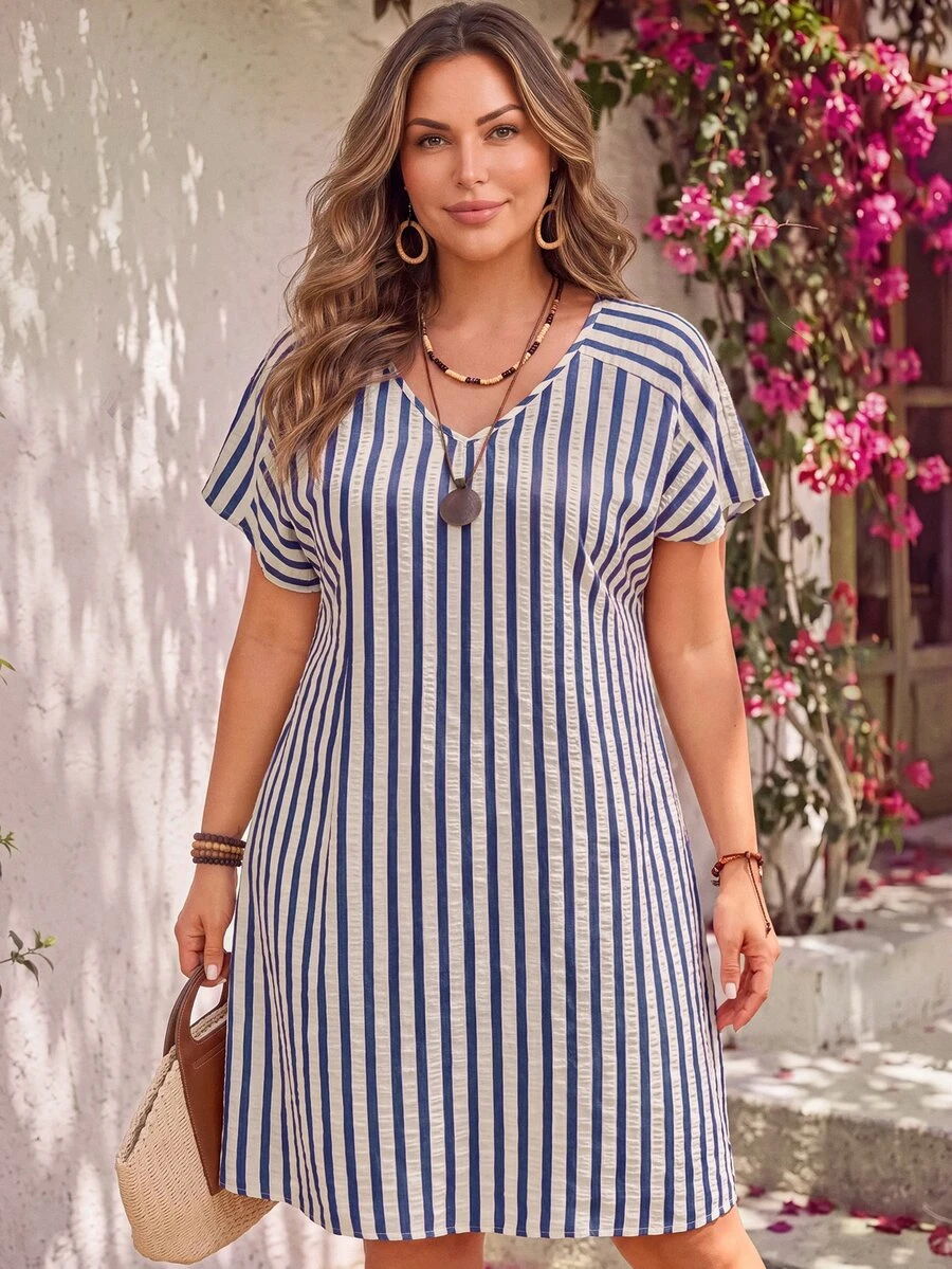 EMERY ROSE Plus Size Women's Summer Blue And White Striped V-Neck Short Sleeve Loose Dress,Boho Vacation Holiday Outfits,Flowy Country Beach Western Style - Blue - View 1