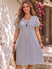 EMERY ROSE Plus Size Women's Summer Blue And White Striped V-Neck Short Sleeve Loose Dress,Boho Vacation Holiday Outfits,Flowy Country Beach Western Style - Blue - View 4