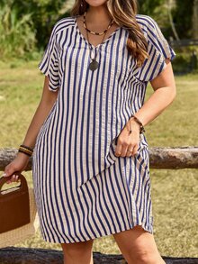 EMERY ROSE Plus Size Women's Summer Blue And White Striped V-Neck Short Sleeve Loose Dress,Boho Vacation Holiday Outfits,Flowy Country Beach Western Style - Blue - View 8