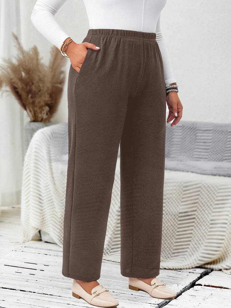 EMERY ROSE Plus Size Women's Casual Daily Black Long Pants With Pockets/Winter Fall - Brown - View 5