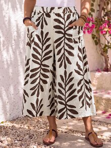 EMERY ROSE Plus Size Women's Beige Summer Boho Vacation Holiday,Country Plant Floral Print Pocket Wide Leg Loose Capri Pants,Casual Spring Break Beach Wear Fall - Multicolor - View 5