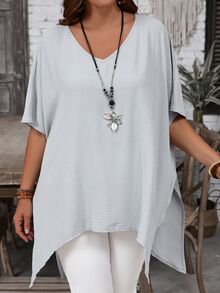 EMERY ROSE Plus Size V-Neck Casual Asymmetrical Hem Short Sleeve Long Shirt, Summer,Spring/Vacation - Light Grey - View 4
