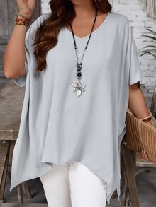 EMERY ROSE Plus Size V-Neck Casual Asymmetrical Hem Short Sleeve Long Shirt, Summer,Spring/Vacation - Light Grey - View 3
