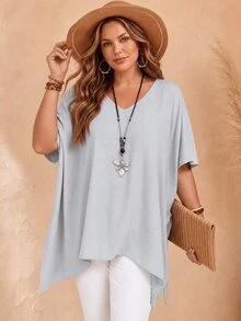 EMERY ROSE Plus Size V-Neck Casual Asymmetrical Hem Short Sleeve Long Shirt, Summer,Spring/Vacation - Light Grey - View 1