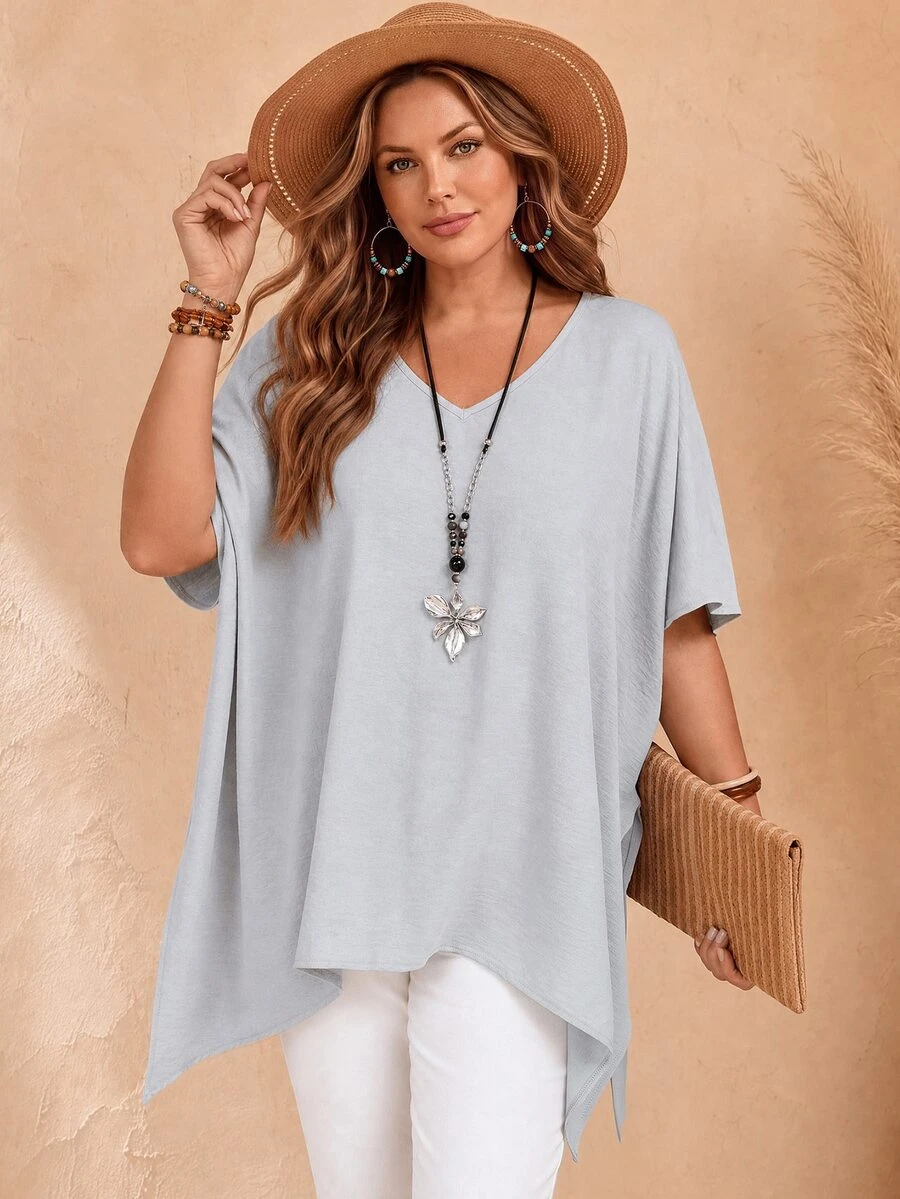 EMERY ROSE Plus Size V-Neck Casual Asymmetrical Hem Short Sleeve Long Shirt, Summer,Spring/Vacation - Light Grey - View 1