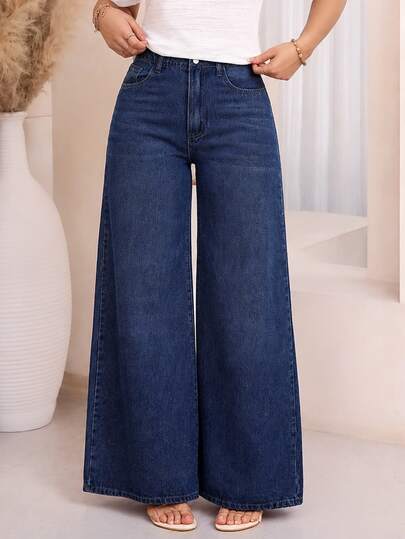 EMERY ROSE Plus Size Women Casual Pockets Loose Denim Wide Leg Pants Winter New Year
