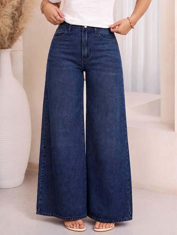 EMERY ROSE Plus Size Women Casual Pockets Loose Denim Wide Leg Pants Winter New Year