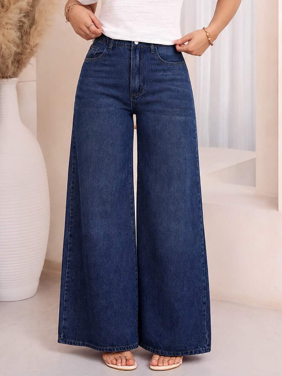 EMERY ROSE Plus Size Women Casual Pockets Loose Denim Wide Leg Pants Winter New Year - Dark Wash - View 1