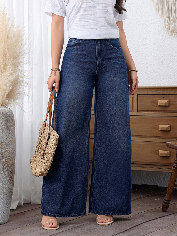 EMERY ROSE Pantalones vaqueros anchos de pierna ancha con bolsillos casuales para mujer de talla grande - Azul lavado oscuro - Añade 6