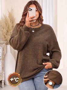 EMERY ROSE Plus Size Women's Olive Green Casual Soft Form Loungewear Brunch Office Sweatshirt, Autumn/Winter Festival Mother's Day Sportswear - Coffee Brown - View 2