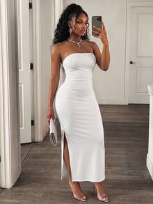 BamGleam Vestido maxi de tubo ceñido al Body con abertura lateral para mujer - Blanco - Ver 3