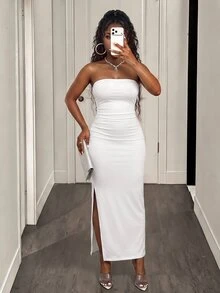 BamGleam Vestido maxi de tubo ceñido al Body con abertura lateral para mujer - Blanco - Ver 4