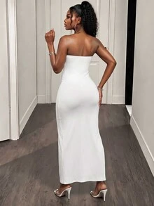BamGleam Vestido maxi de tubo ceñido al Body con abertura lateral para mujer - Blanco - Ver 2
