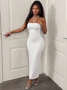 BamGleam Vestido maxi de tubo ceñido al Body con abertura lateral para mujer - Blanco - Ver 5