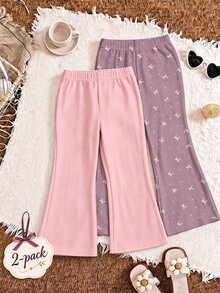 Soft Fog Color Palette, Sweet & Cute Bohemian Floral And Polka Dot Pattern, Girls Casual Versatile Daily Knit Flared Pants 2pcs Set, Suitable For Autumn/Winter Daily Wear, Outings, Comfortable & Relaxed, Random 2 Pieces - Multicolor - View 4