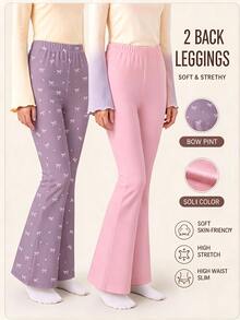 Soft Fog Color Palette, Sweet & Cute Bohemian Floral And Polka Dot Pattern, Girls Casual Versatile Daily Knit Flared Pants 2pcs Set, Suitable For Autumn/Winter Daily Wear, Outings, Comfortable & Relaxed, Random 2 Pieces - Multicolor - View 5