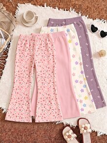 Soft Fog Color Palette, Sweet & Cute Bohemian Floral And Polka Dot Pattern, Girls Casual Versatile Daily Knit Flared Pants 2pcs Set, Suitable For Autumn/Winter Daily Wear, Outings, Comfortable & Relaxed, Random 2 Pieces - Multicolor - View 2
