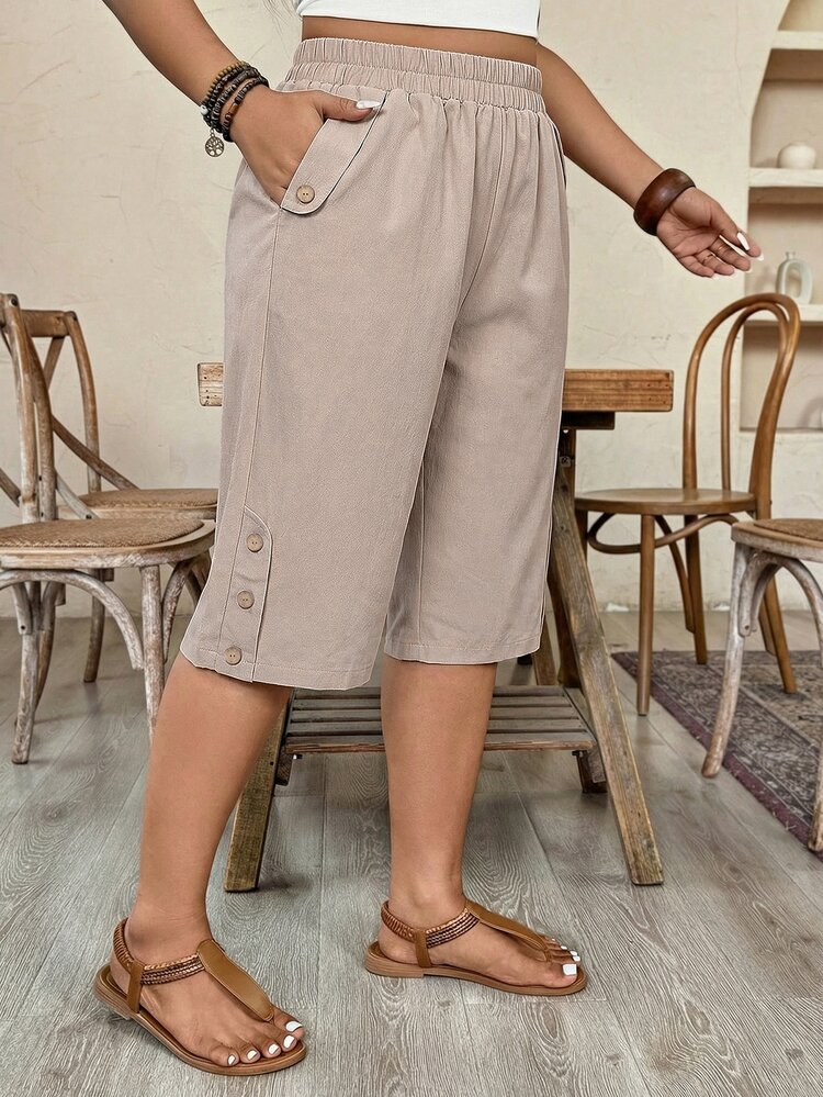 EMERY ROSE Pantalones cortos casuales y versátiles de talla grande para mujer, de unicolor, con cintura elástica y bolsillos - Albaricoque - Añade 7