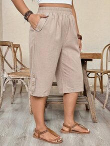 EMERY ROSE Pantalones cortos casuales y versátiles de talla grande para mujer, de unicolor, con cintura elástica y bolsillos - Albaricoque - Ver 5