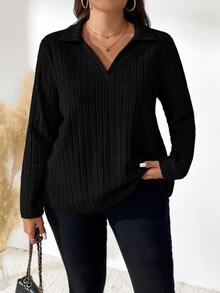 Plus Size Women Solid Color Turndown Collar Long Sleeve Ribbed Casual Loose T-Shirt, Autumn Fall Cloth For Women - Black - View 5