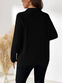 Plus Size Women Solid Color Turndown Collar Long Sleeve Ribbed Casual Loose T-Shirt, Autumn Fall Cloth For Women - Black - View 2