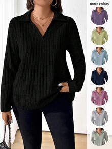Plus Size Women Solid Color Turndown Collar Long Sleeve Ribbed Casual Loose T-Shirt, Autumn Fall Cloth For Women - Black - View 3