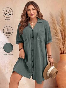EMERY ROSE Plus Size Women Elegant Daily Wear Solid Color Woven Button-Down Dropped Shoulder Puff Sleeve Pocket V-Neck Collared Mid-Length Dress, Summer - Dusty Blue - View 1