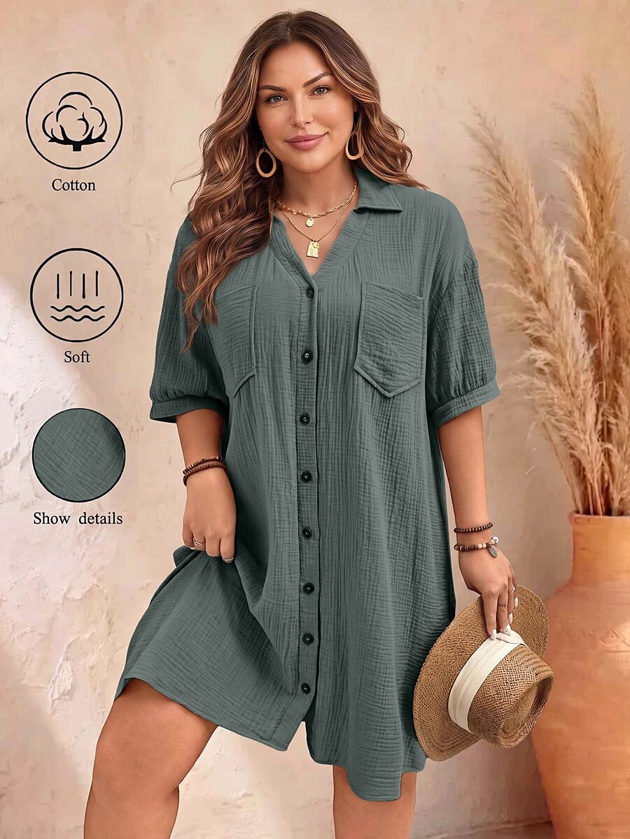 EMERY ROSE Plus Size Women Elegant Daily Wear Solid Color Woven Button-Down Dropped Shoulder Puff Sleeve Pocket V-Neck Collared Mid-Length Dress, Summer - Dusty Blue - View 1