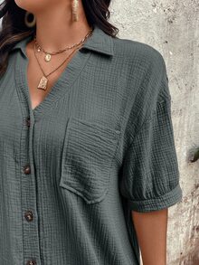 EMERY ROSE Plus Size Women Elegant Daily Wear Solid Color Woven Button-Down Dropped Shoulder Puff Sleeve Pocket V-Neck Collared Mid-Length Dress, Summer - Dusty Blue - View 6